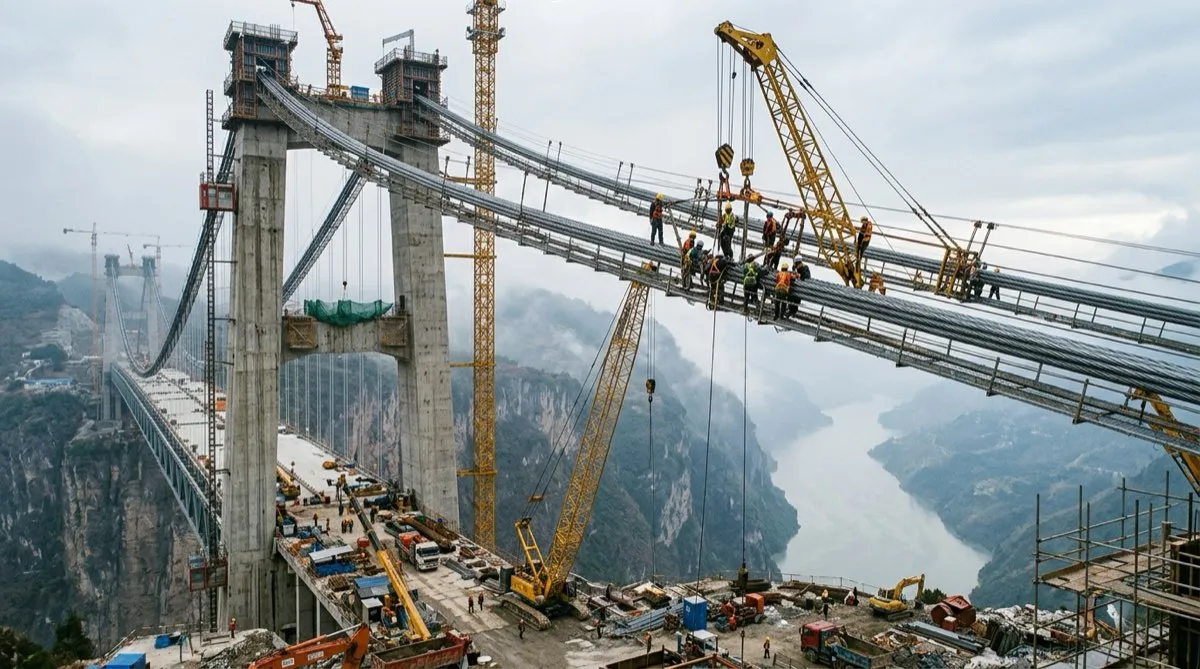 Builders string steel cables to construct a suspension bridge over deep water