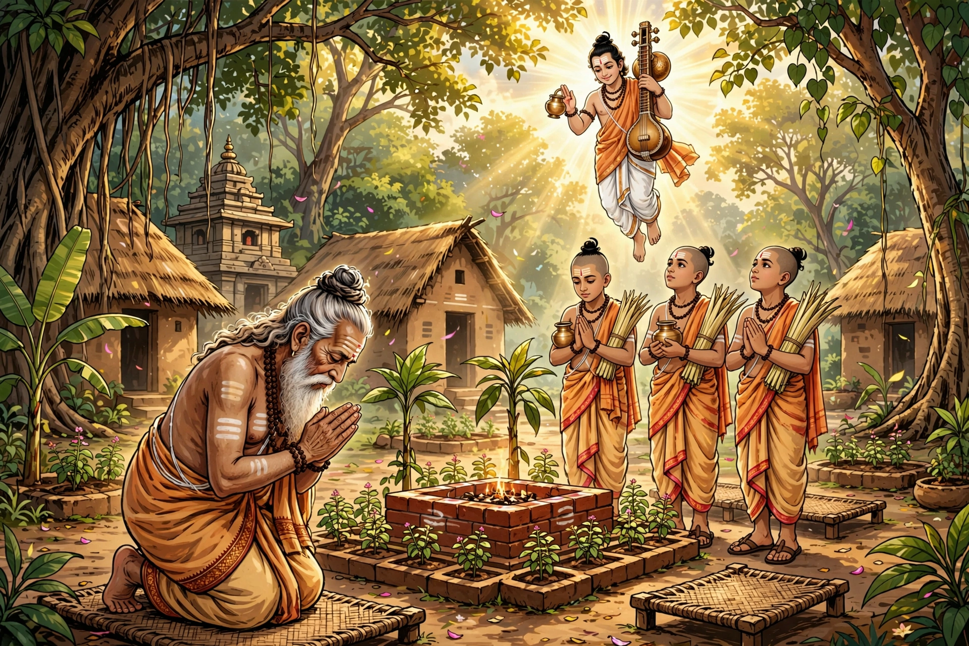 Valmiki witnesses the hunter killing a krauncha bird; spontaneous emergence of the first Shloka